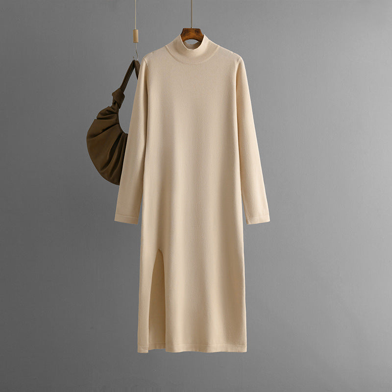 Half high neck new knitted dress for women in autumn and winter, solid color slit, long sleeves with bottom, long pants, and a woolen skirt underneath