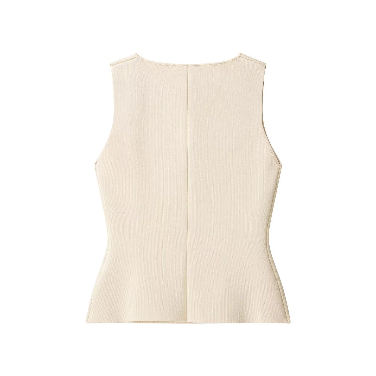 Round neck sleeveless single breasted waist cinched knit sweater for women