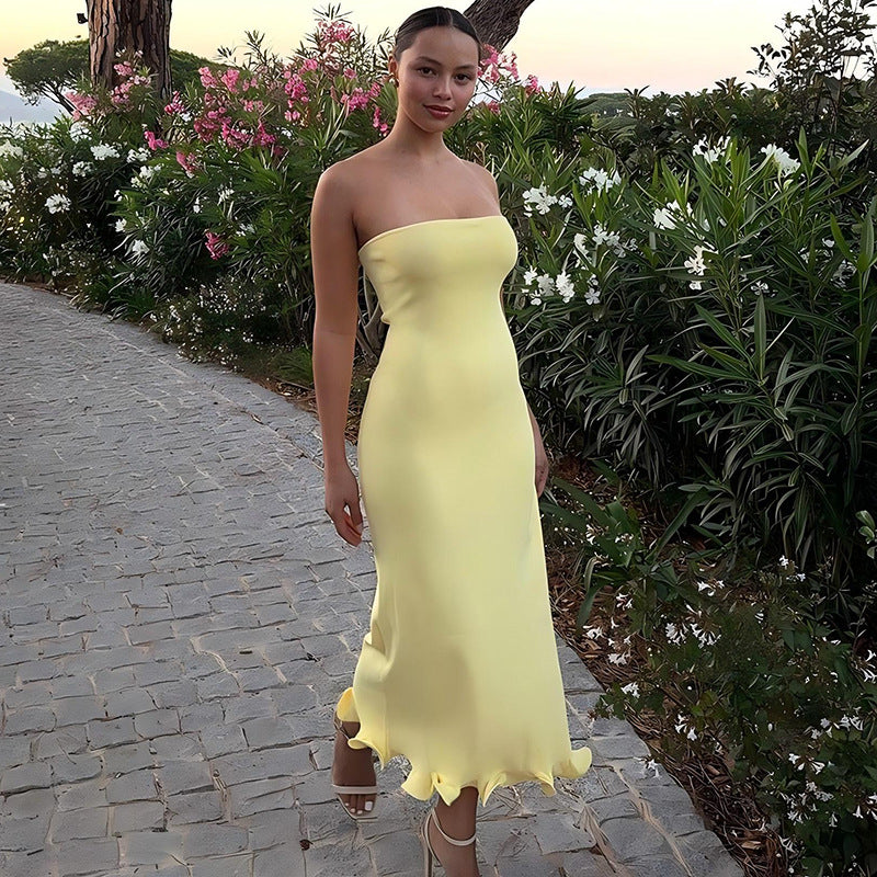 Solid color new sexy strapless long, slim fit, big wave skirt hem dress for women