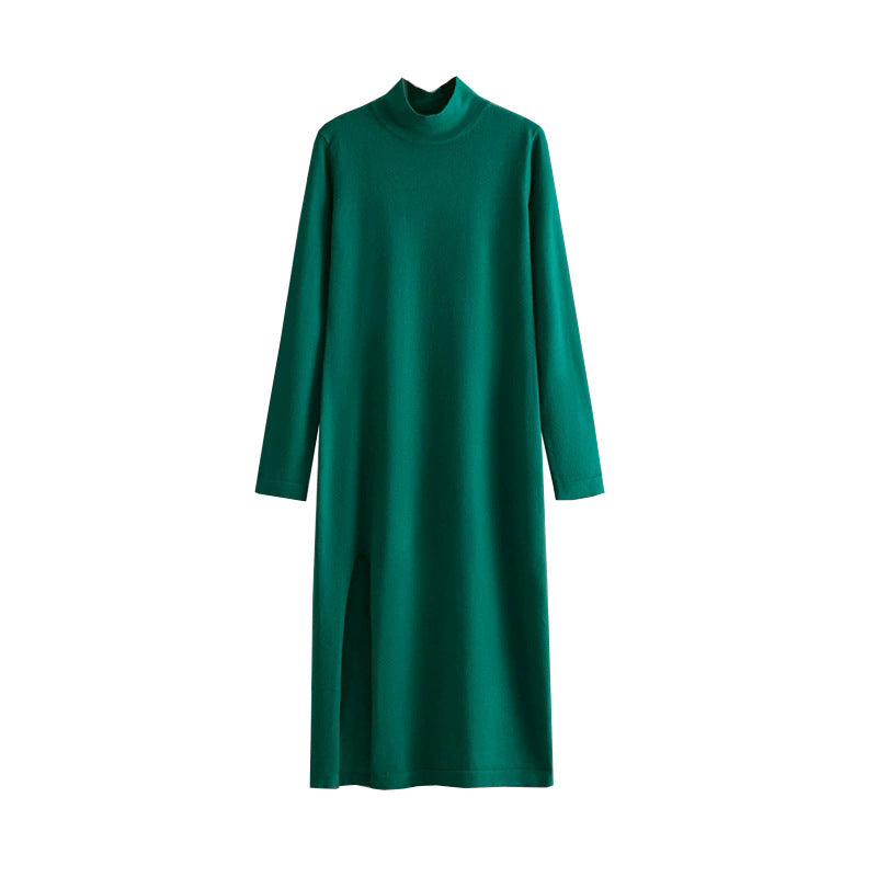 Half high neck new knitted dress for women in autumn and winter, solid color slit, long sleeves with bottom, long pants, and a woolen skirt underneath