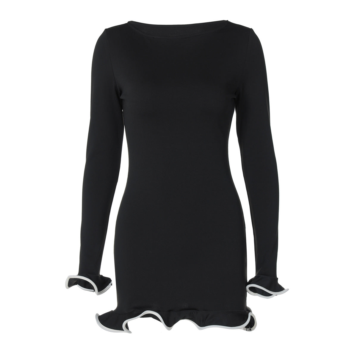 Sexy tight short skirt, ruffle edge dress, rolled edge knitted skirt, long sleeved solid color women's autumn and winter skirt