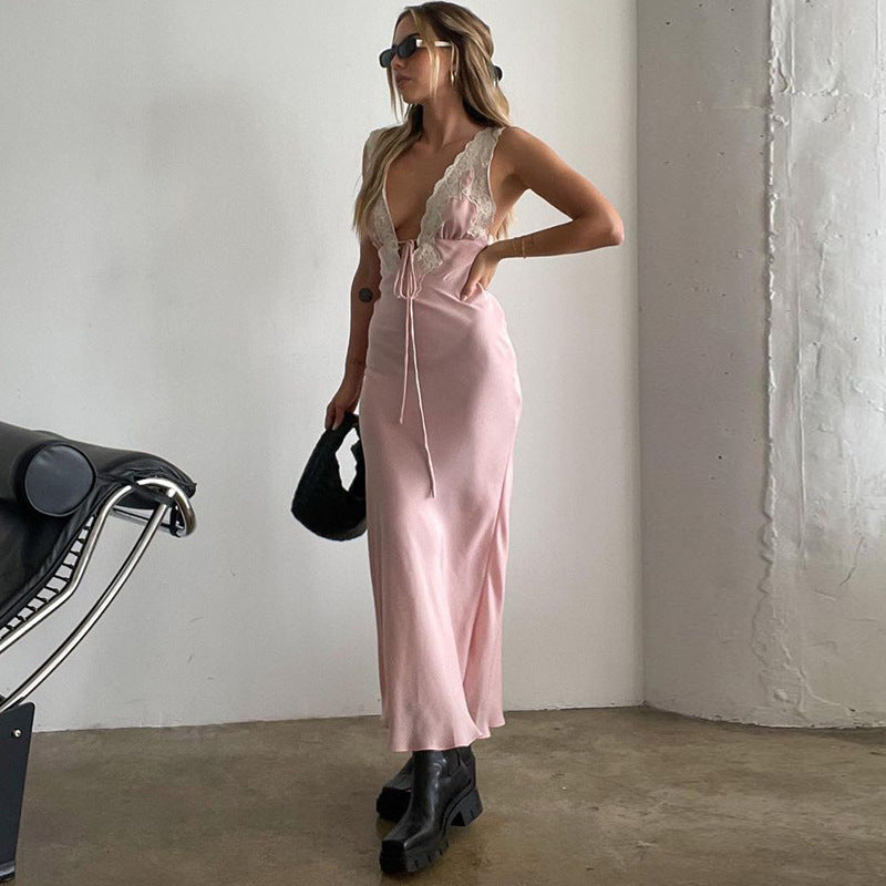 Deep V Contrast Lace Neckline Satin Temperament Dress Women's Sexy Backless Long Dress Women