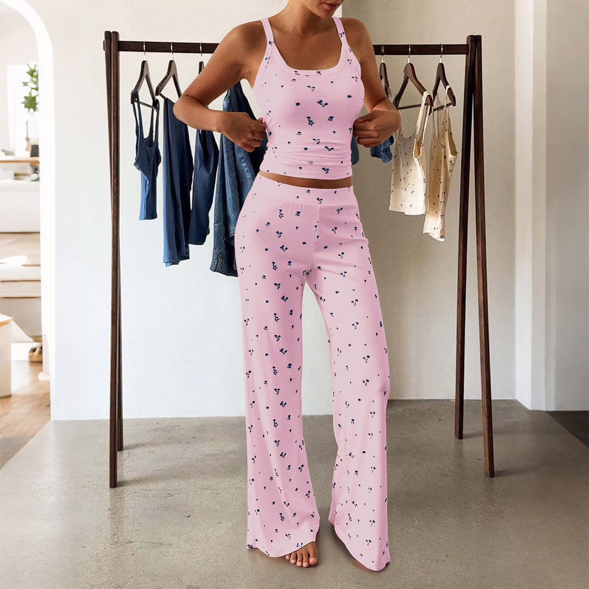 Strapless T-Shirt Floral Long Pants Women's Set