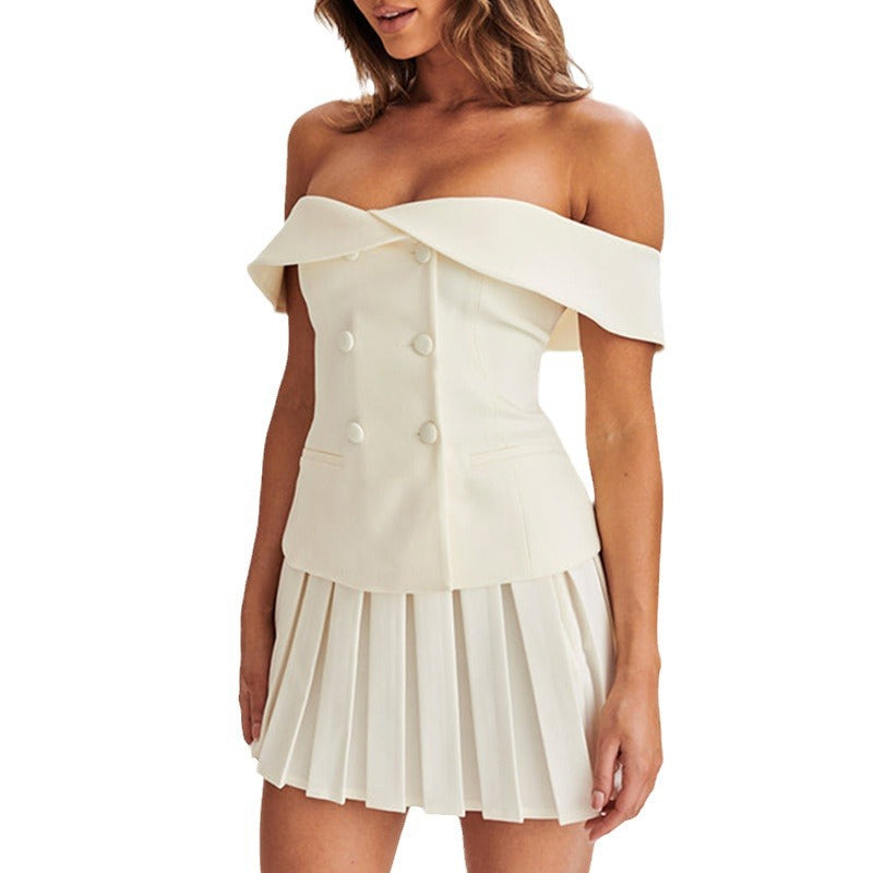 Fashion off shoulder double breasted top pleated skirt set