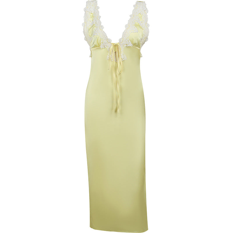 Deep V Contrast Lace Neckline Satin Temperament Dress Women's Sexy Backless Long Dress Women