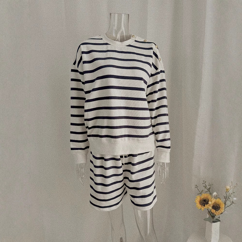 Round Neck Loose Fit Striped Color Block Hoodie Women's Set Long Sleeve Off Shoulder Top Shorts