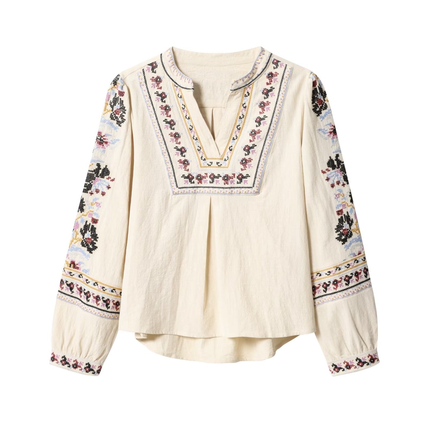 Loose slimming long sleeved V-neck heavy embroidery shirt top for women