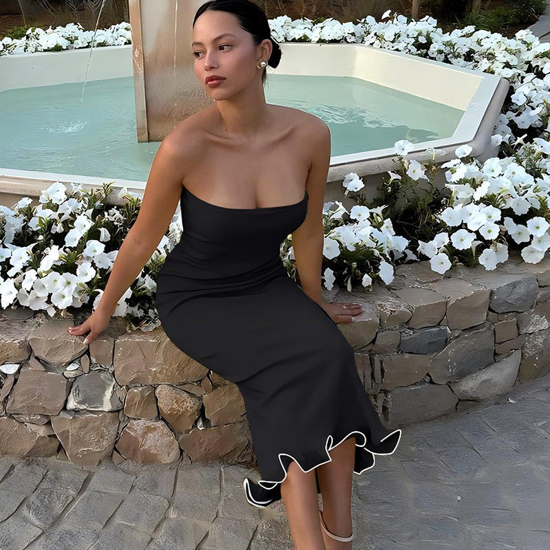 Solid color new sexy strapless long, slim fit, big wave skirt hem dress for women