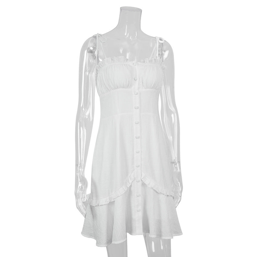 Summer New Sexy White V Neck Ruffle Short Skirt Tight Strap Dress
