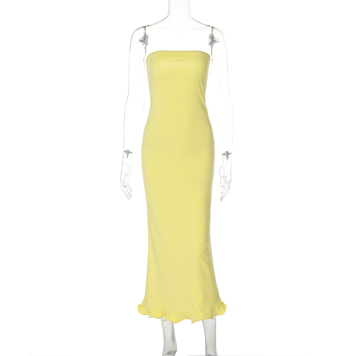 Solid color new sexy strapless long, slim fit, big wave skirt hem dress for women