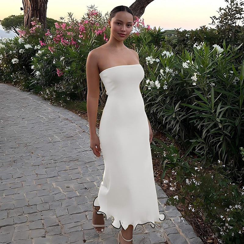 Solid color new sexy strapless long, slim fit, big wave skirt hem dress for women