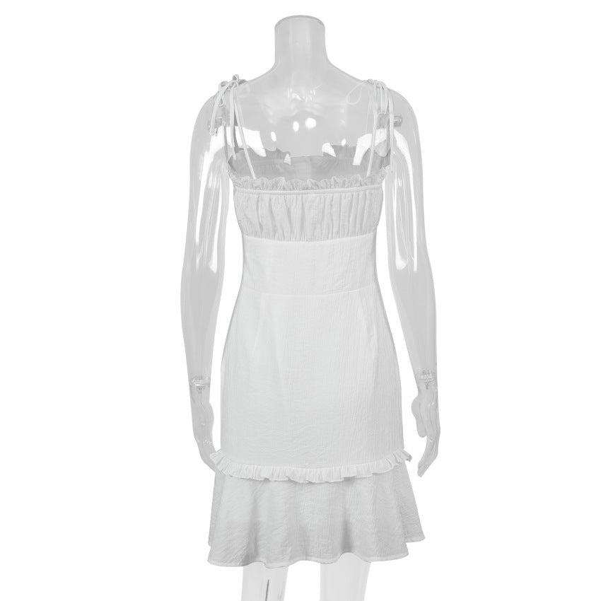 Summer New Sexy White V Neck Ruffle Short Skirt Tight Strap Dress