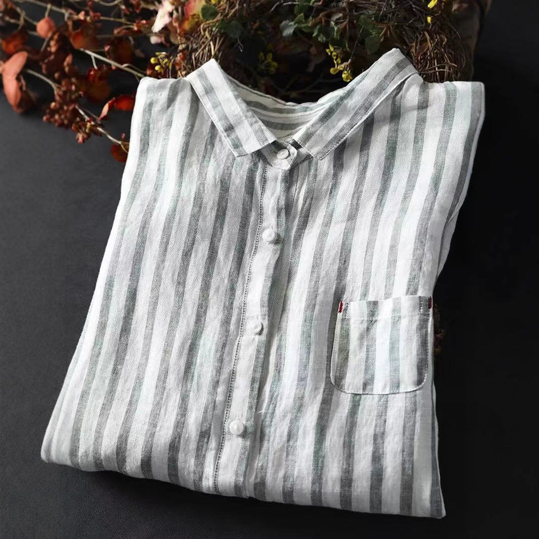 Plain Linen Striped Women's Long Sleeve Blouse Casual Collar Shirt