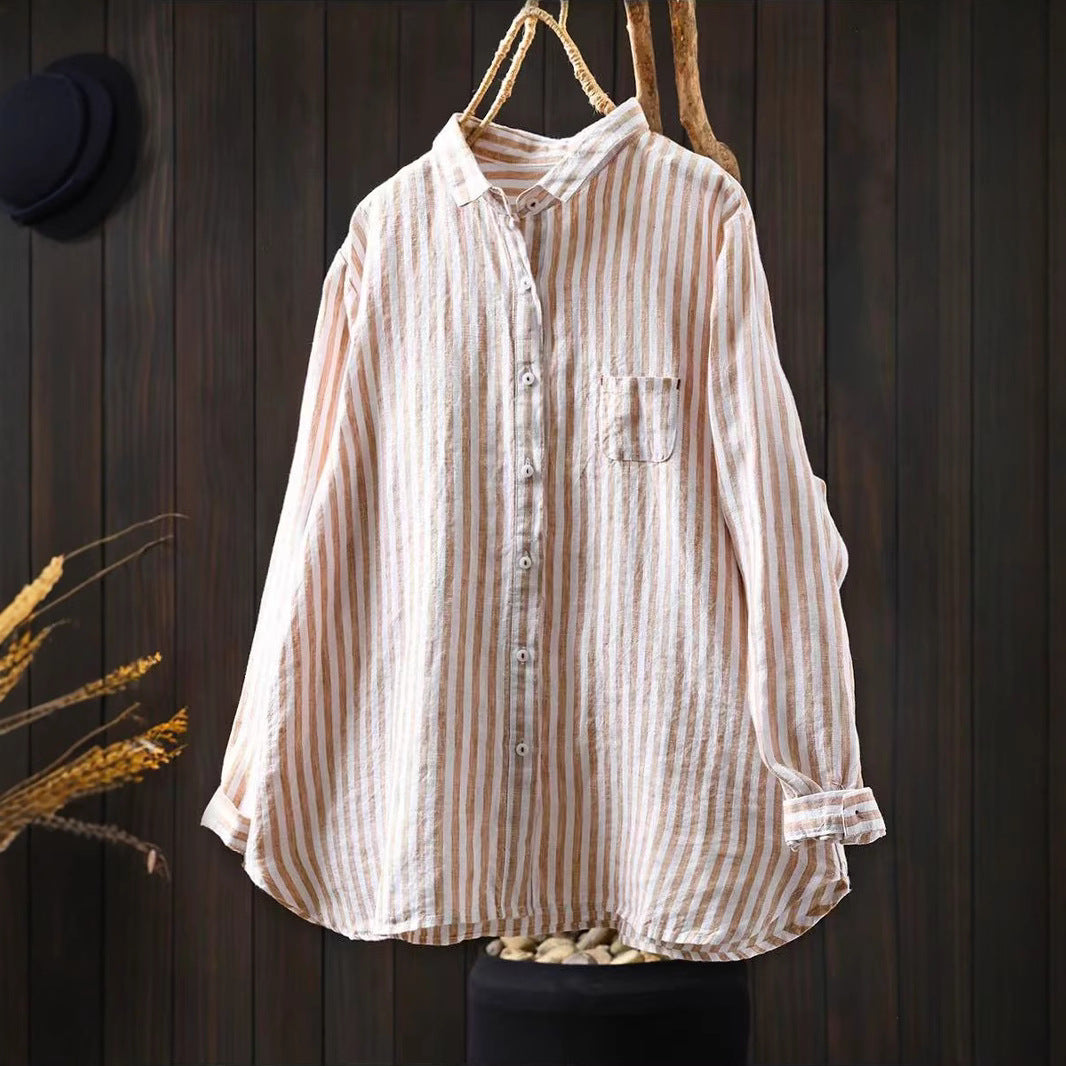 Plain Linen Striped Women's Long Sleeve Blouse Casual Collar Shirt