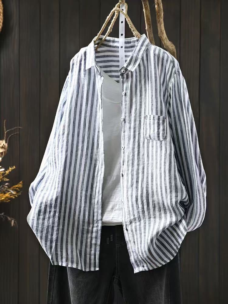 Plain Linen Striped Women's Long Sleeve Blouse Casual Collar Shirt
