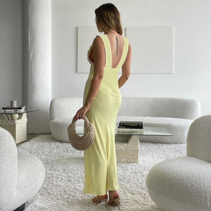 Deep V Contrast Lace Neckline Satin Temperament Dress Women's Sexy Backless Long Dress Women