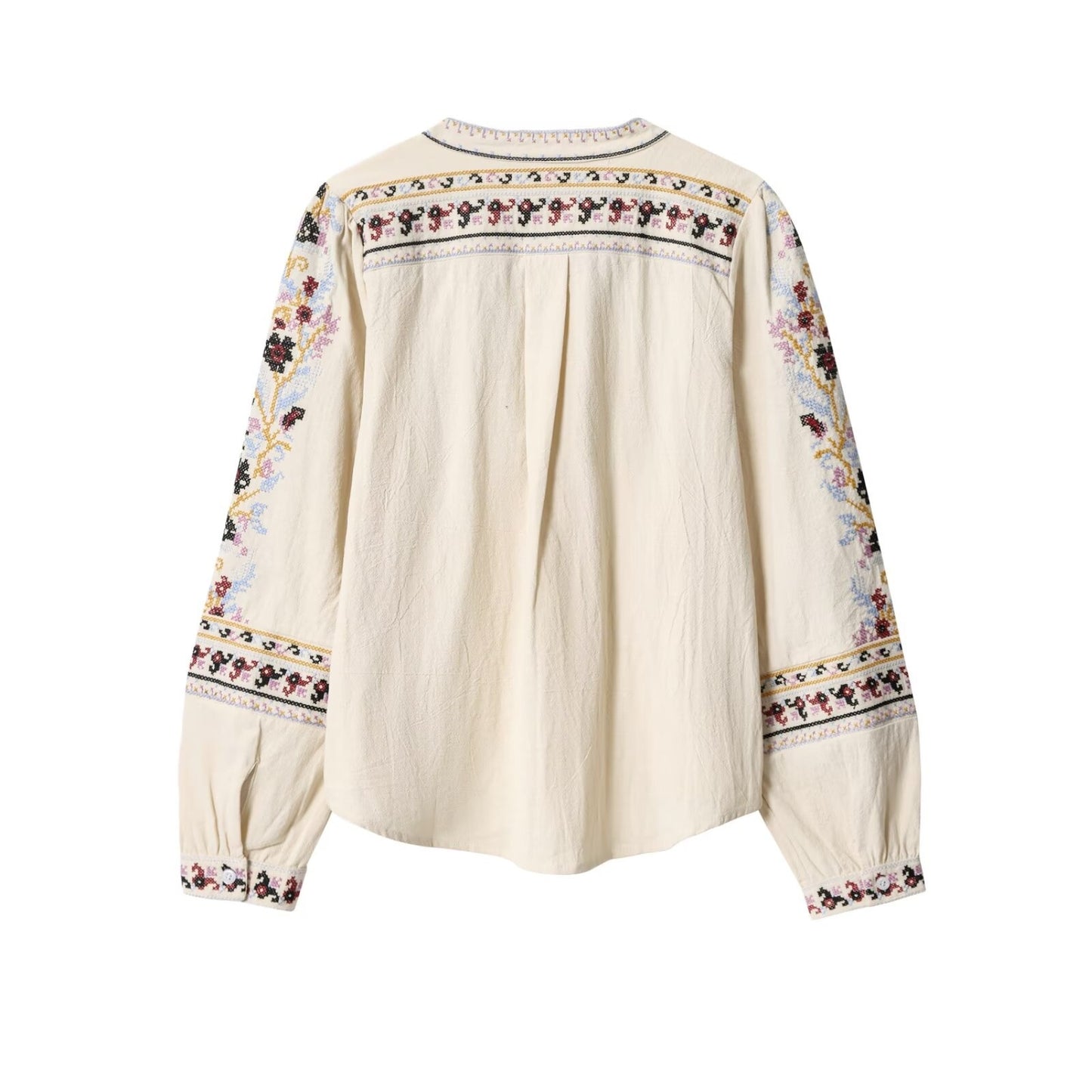Loose slimming long sleeved V-neck heavy embroidery shirt top for women