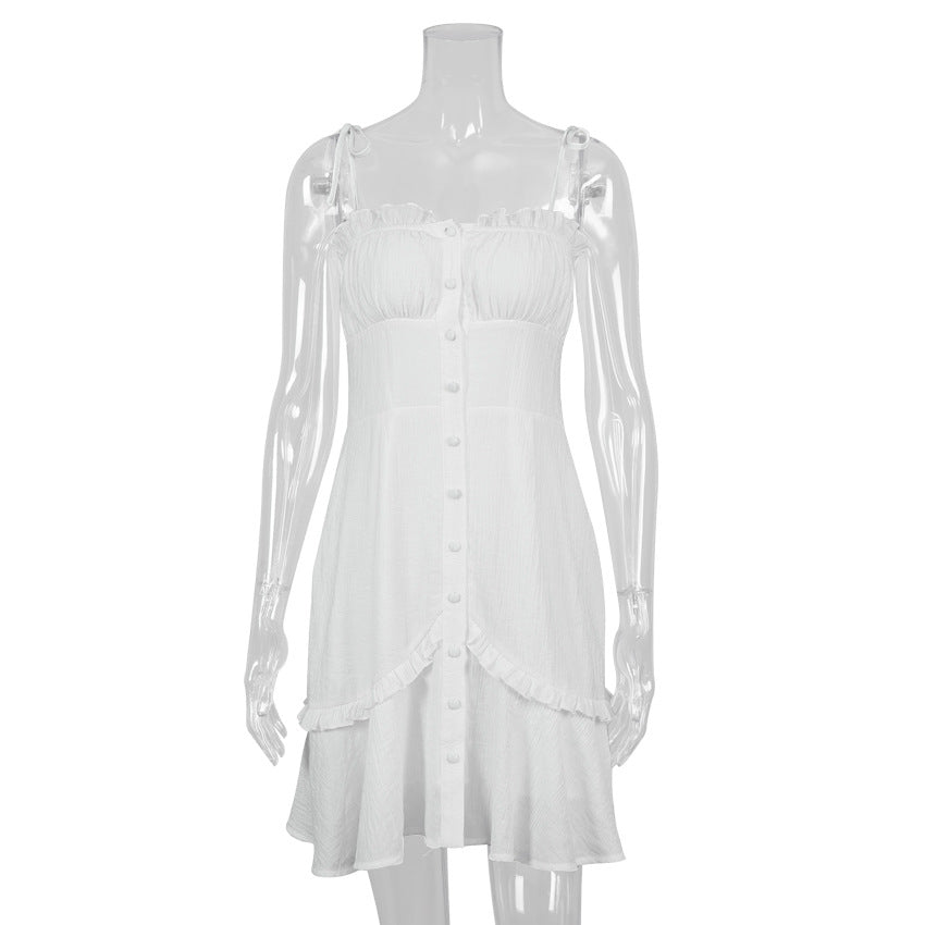 Summer New Sexy White V Neck Ruffle Short Skirt Tight Strap Dress