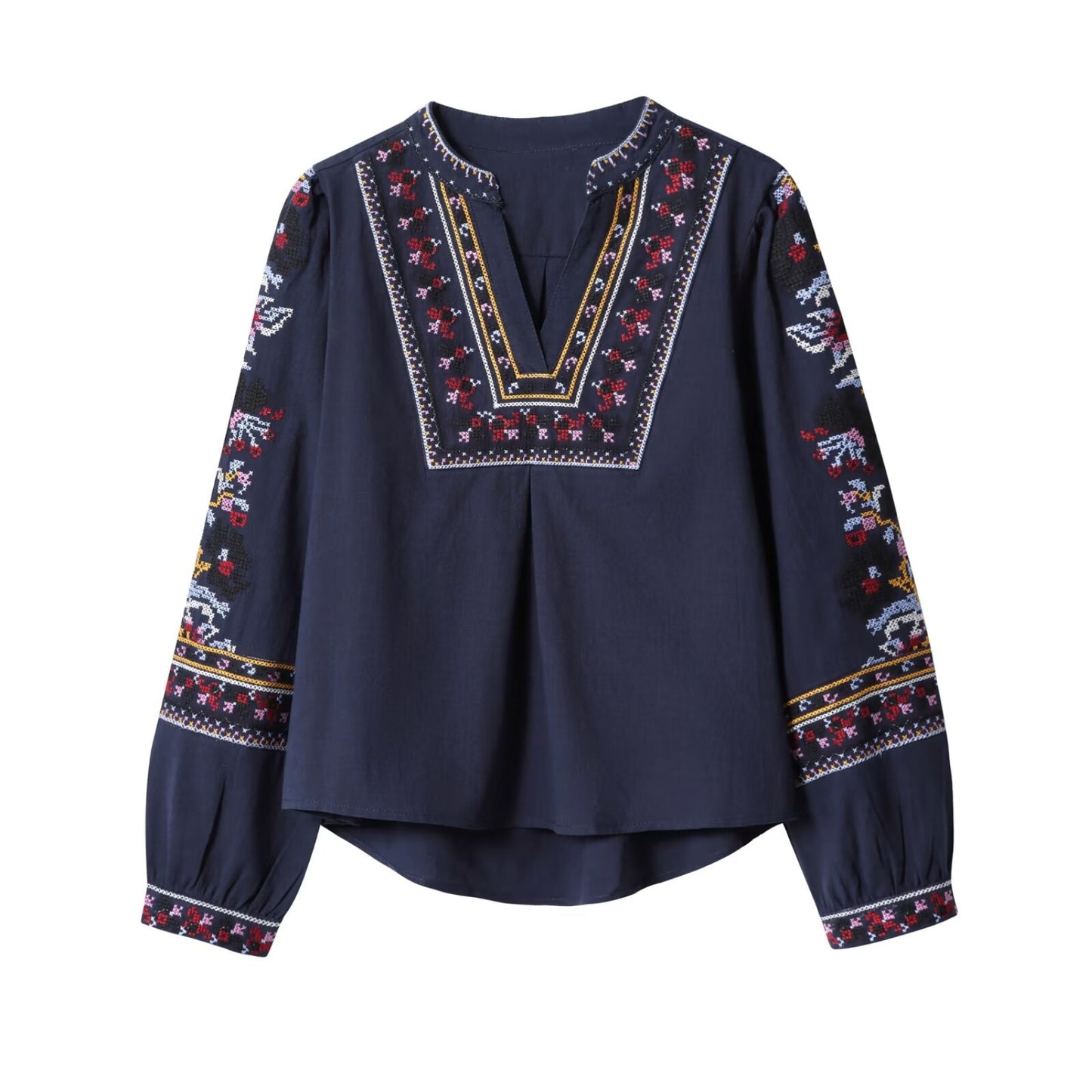 Loose slimming long sleeved V-neck heavy embroidery shirt top for women