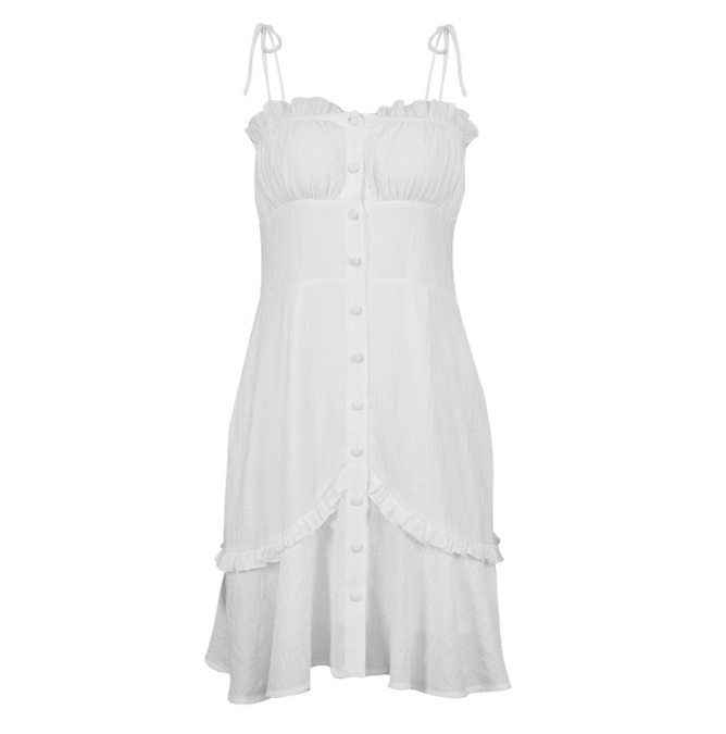 Summer New Sexy White V Neck Ruffle Short Skirt Tight Strap Dress