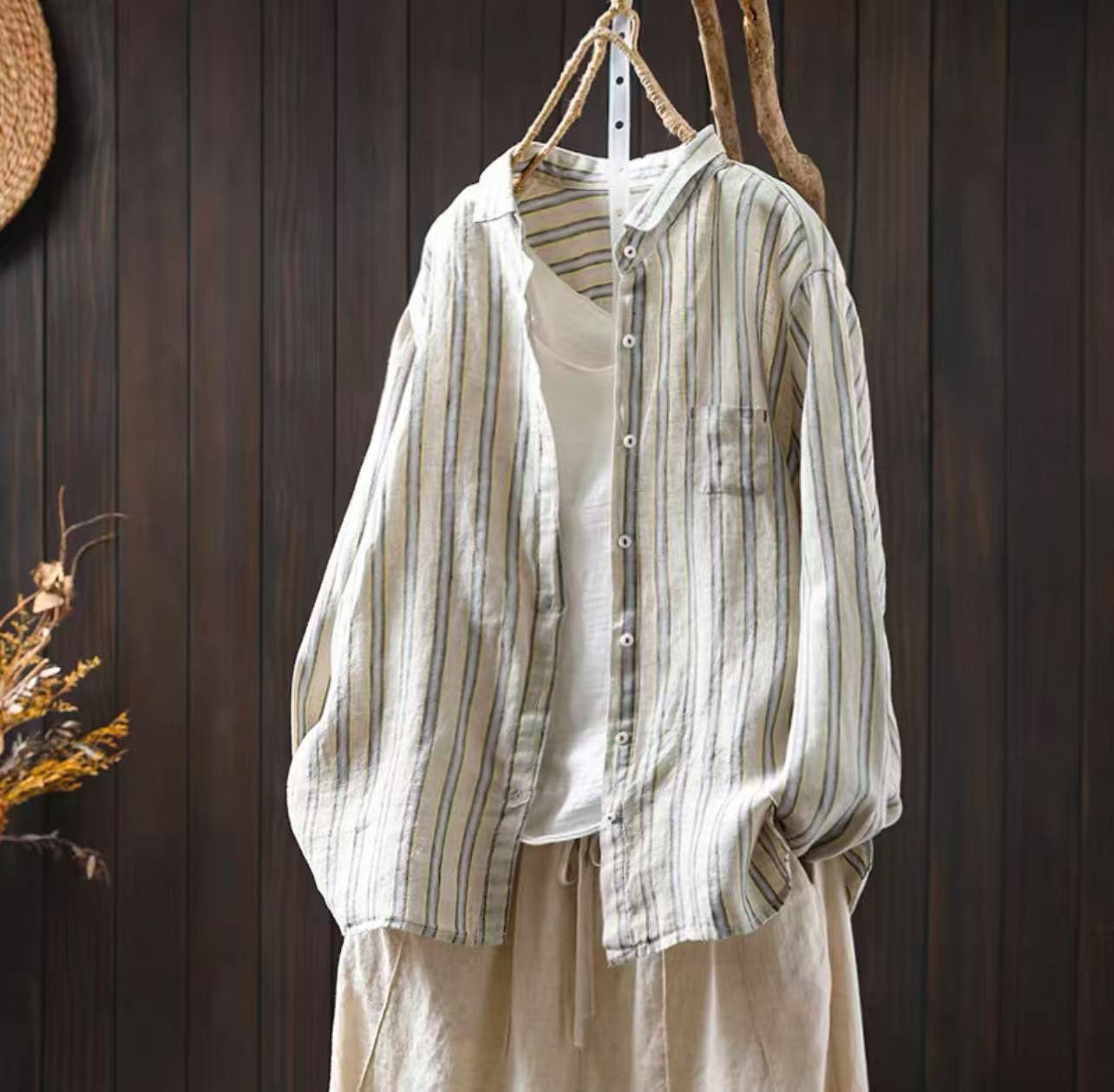 Plain Linen Striped Women's Long Sleeve Blouse Casual Collar Shirt