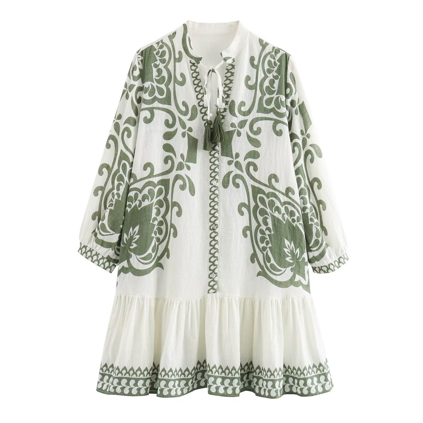 Fashionable temperament linen print loose A-line short skirt dress for women