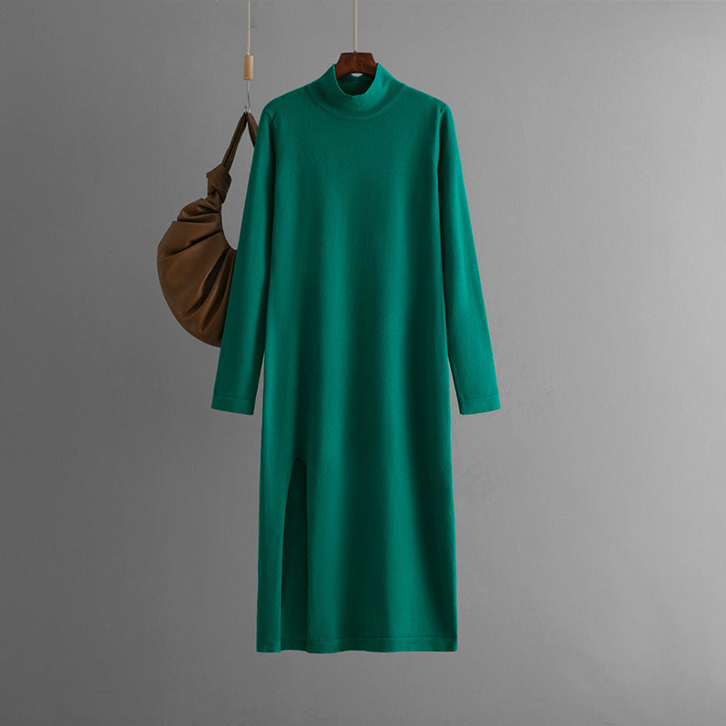 Half high neck new knitted dress for women in autumn and winter, solid color slit, long sleeves with bottom, long pants, and a woolen skirt underneath