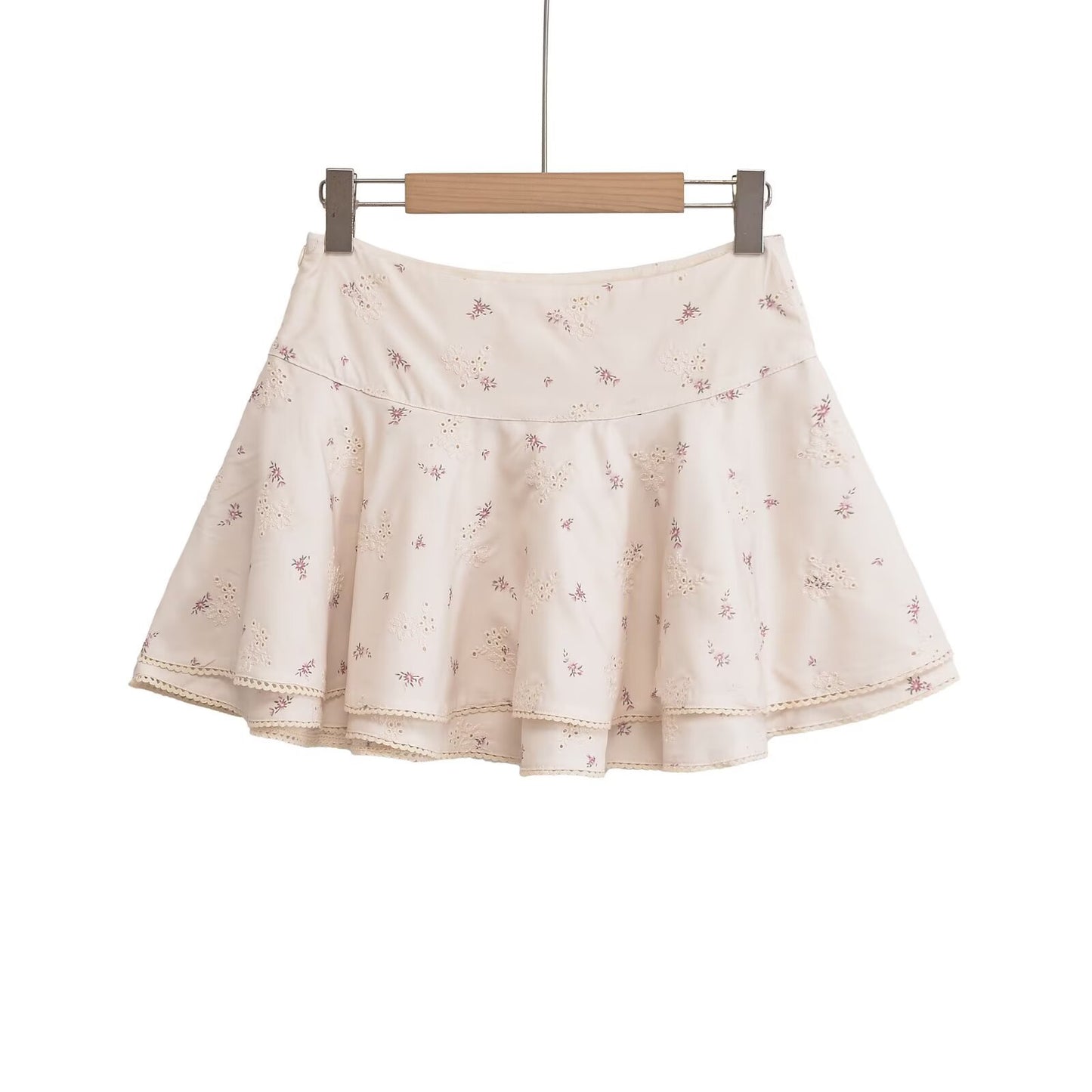 Colorful flower embroidery mid waist mini skirt