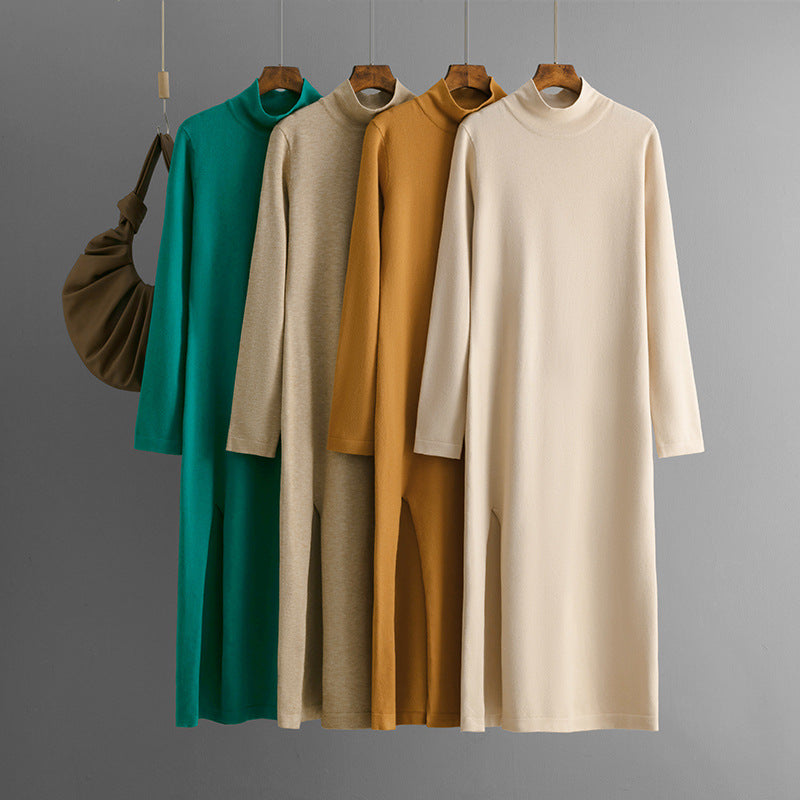 Half high neck new knitted dress for women in autumn and winter, solid color slit, long sleeves with bottom, long pants, and a woolen skirt underneath