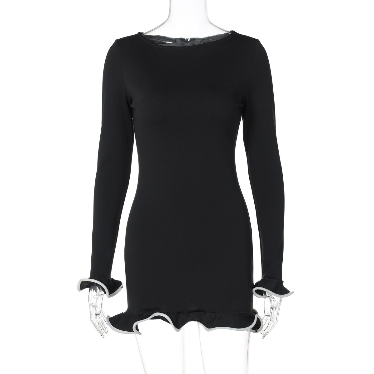 Sexy tight short skirt, ruffle edge dress, rolled edge knitted skirt, long sleeved solid color women's autumn and winter skirt