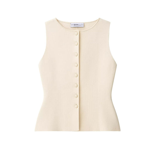 Round neck sleeveless single breasted waist cinched knit sweater for women