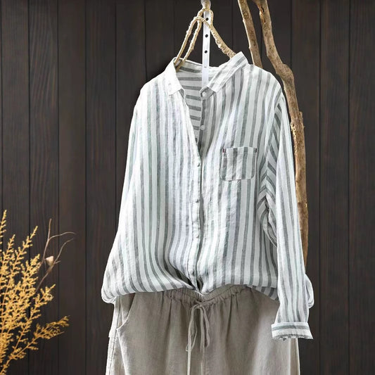 Plain Linen Striped Women's Long Sleeve Blouse Casual Collar Shirt