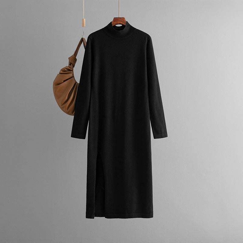 Half high neck new knitted dress for women in autumn and winter, solid color slit, long sleeves with bottom, long pants, and a woolen skirt underneath