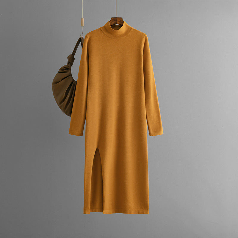 Half high neck new knitted dress for women in autumn and winter, solid color slit, long sleeves with bottom, long pants, and a woolen skirt underneath