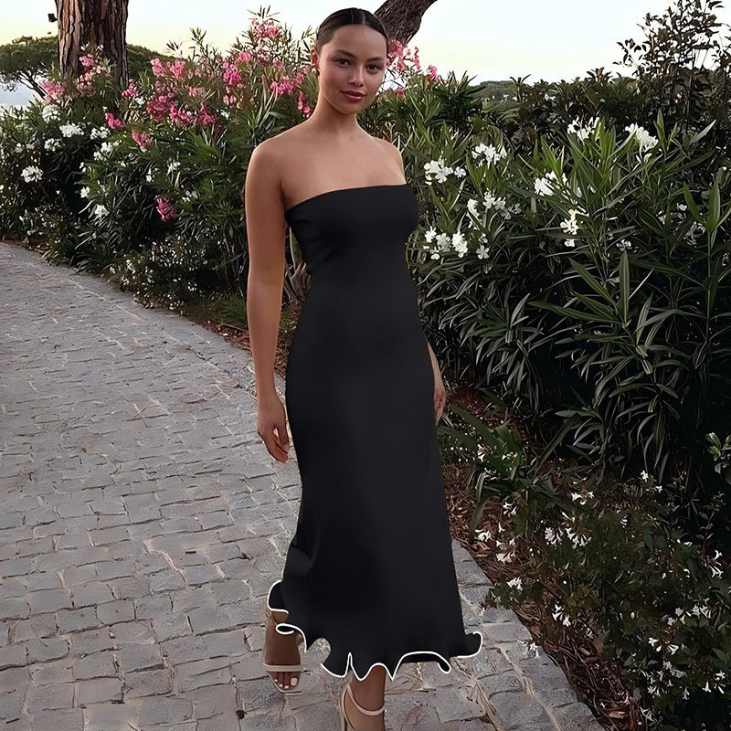 Solid color new sexy strapless long, slim fit, big wave skirt hem dress for women
