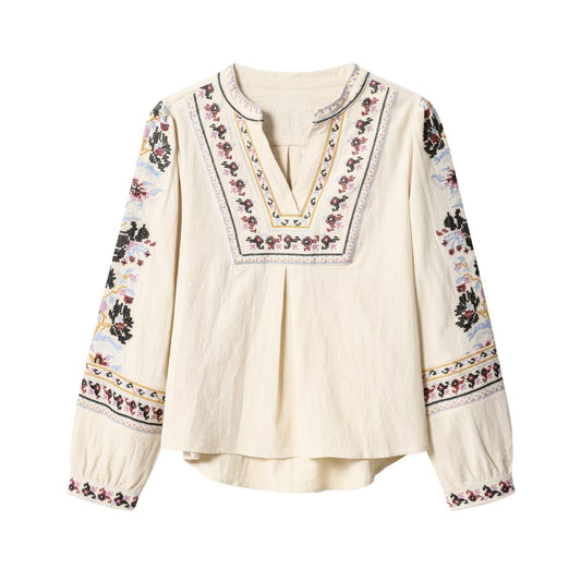 Loose slimming long sleeved V-neck heavy embroidery shirt top for women