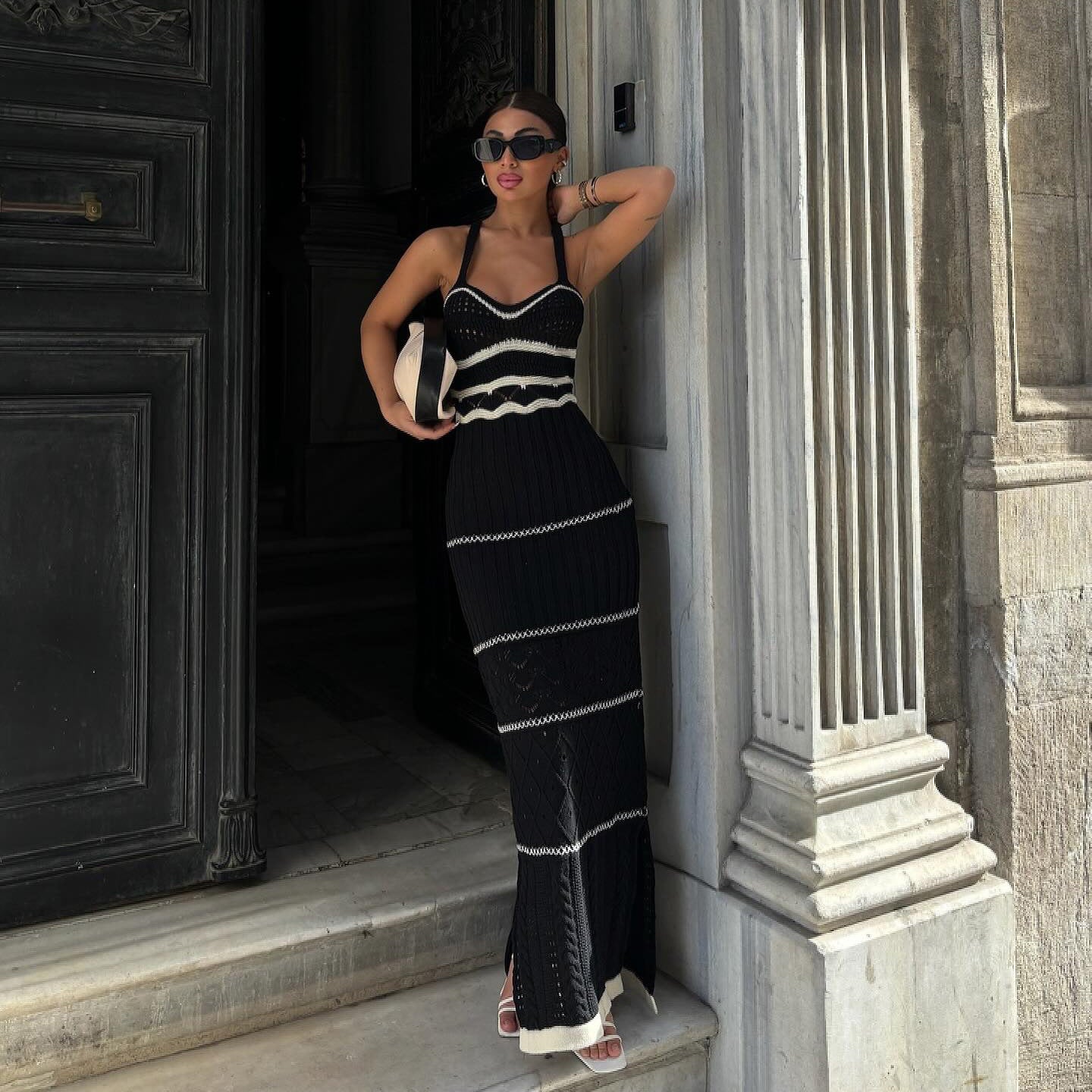 Summer Knitted Color Contrasting French Bohemian Strap Dress with Hollow out Pure Desire Slimming and Hip hugging Long Skirt, High end Feeling