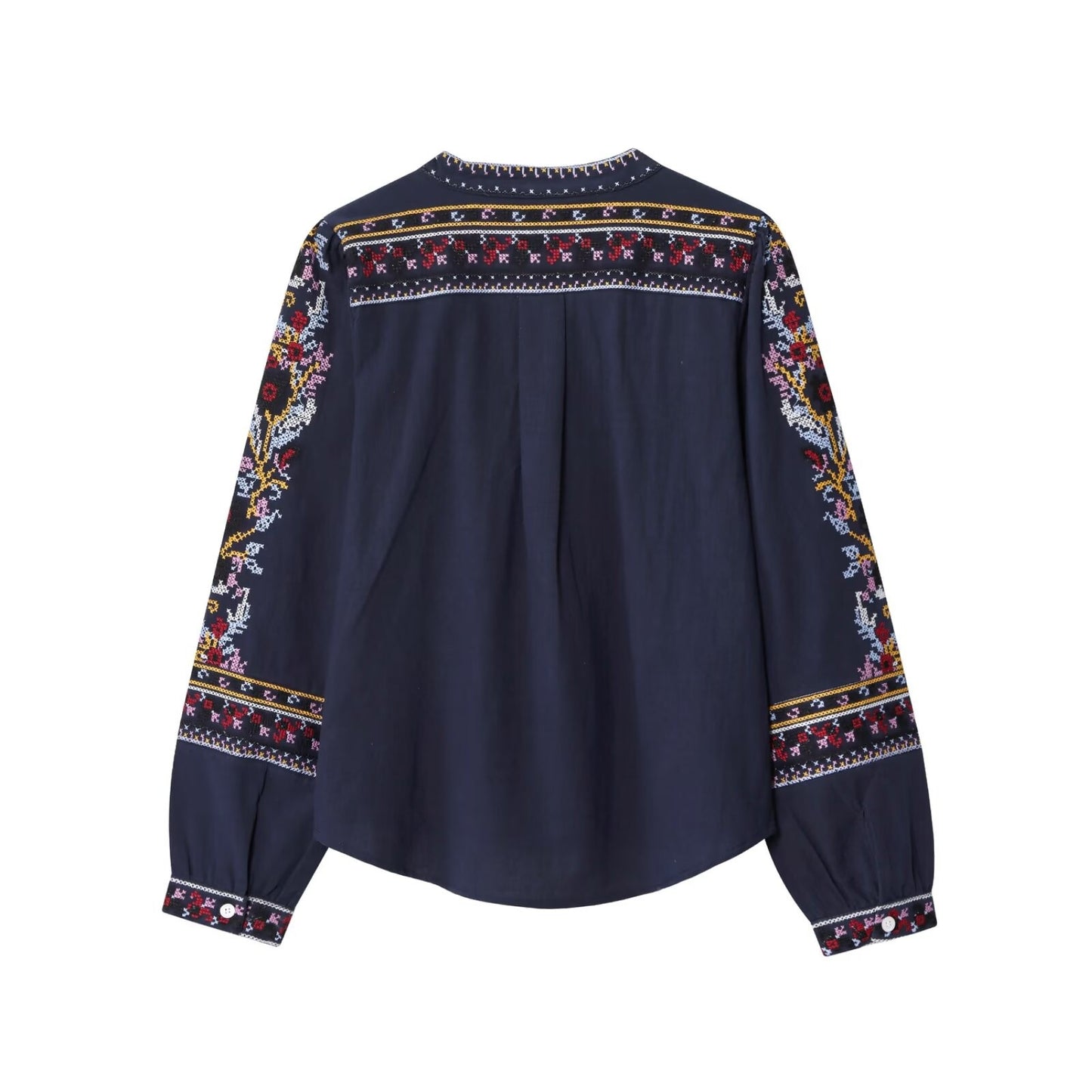 Loose slimming long sleeved V-neck heavy embroidery shirt top for women