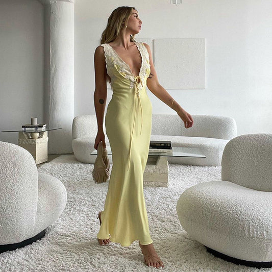 Deep V Contrast Lace Neckline Satin Temperament Dress Women's Sexy Backless Long Dress Women