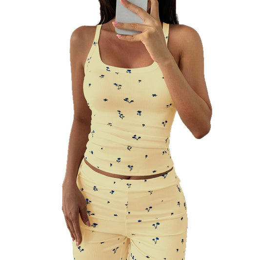 Strapless T-Shirt Floral Long Pants Women's Set