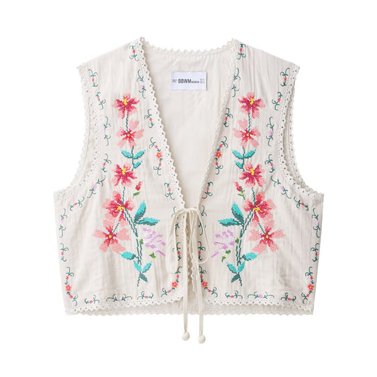 V-neck sleeveless embroidered patchwork lace camisole vest