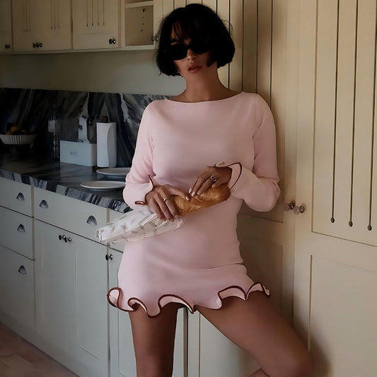 Sexy tight short skirt, ruffle edge dress, rolled edge knitted skirt, long sleeved solid color women's autumn and winter skirt