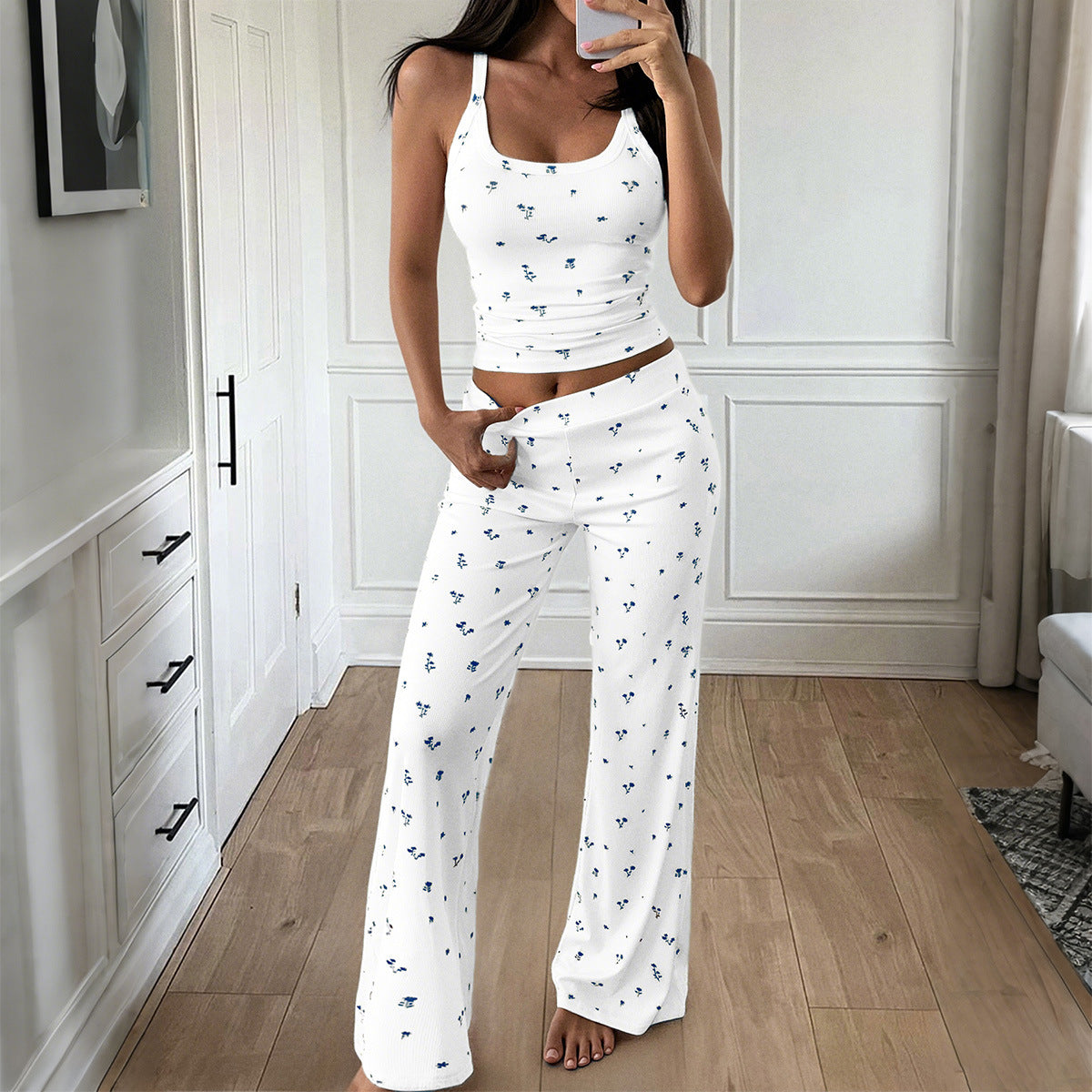 Strapless T-Shirt Floral Long Pants Women's Set