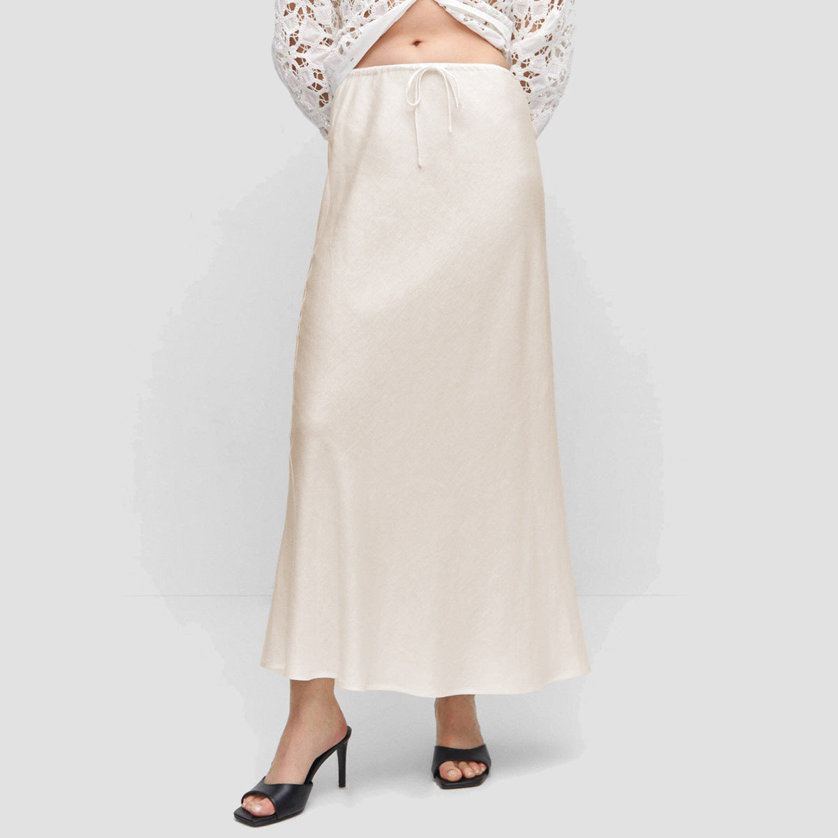 Satin long skirt, high waisted drawstring tied solid color skirt for women