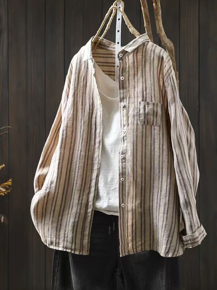 Plain Linen Striped Women's Long Sleeve Blouse Casual Collar Shirt
