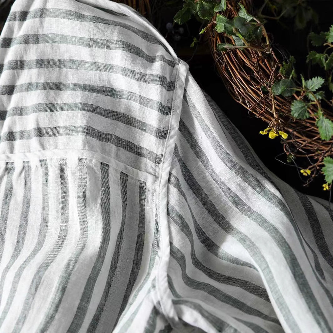 Plain Linen Striped Women's Long Sleeve Blouse Casual Collar Shirt