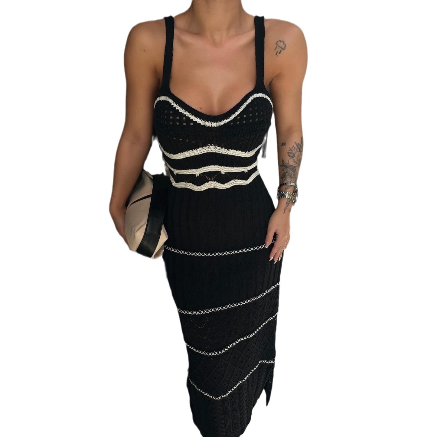 Summer Knitted Color Contrasting French Bohemian Strap Dress with Hollow out Pure Desire Slimming and Hip hugging Long Skirt, High end Feeling