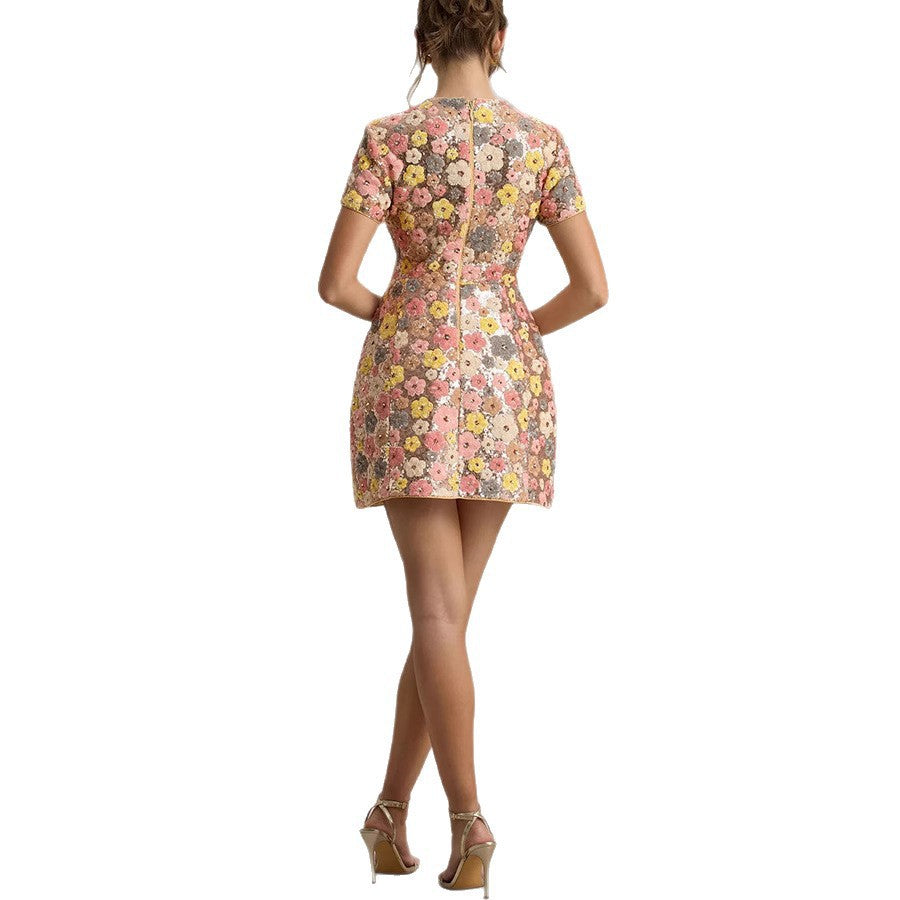 Short Sleeve Sequin Round Neck Dress for Women, Spring Summer New Arrival, INS Casual Party Mini Dress