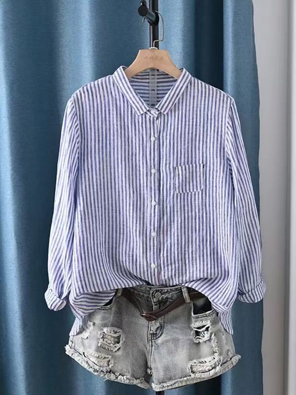 Plain Linen Striped Women's Long Sleeve Blouse Casual Collar Shirt
