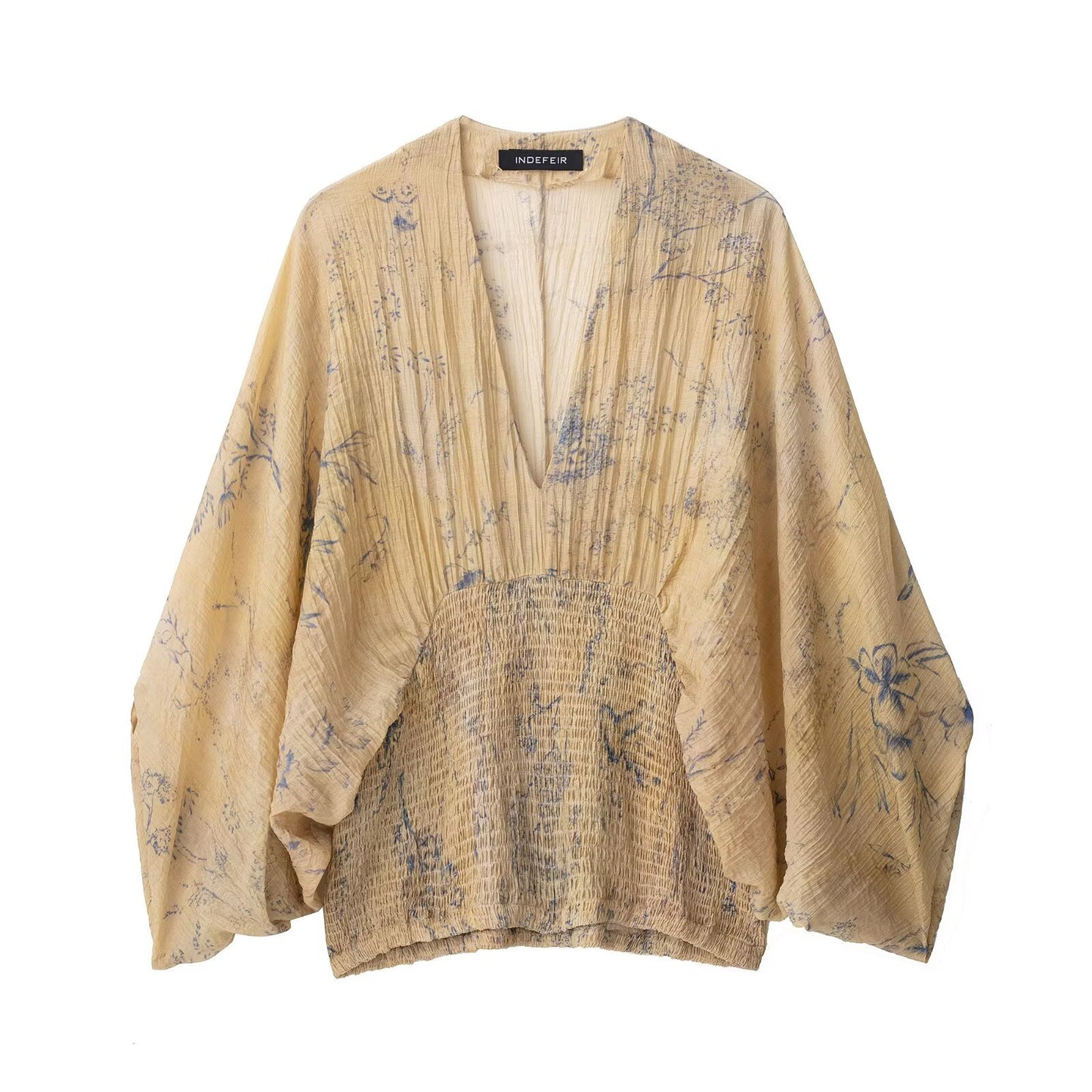 V-neck wide sleeved printed loose fit shirt for women
